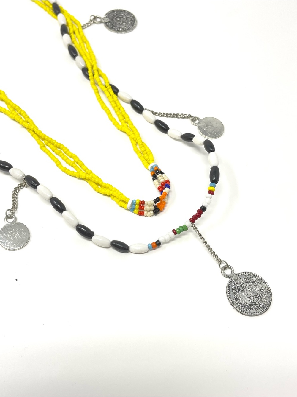 New Free People Layered Beaded Coin Silver Necklace - Picture 2 of 5